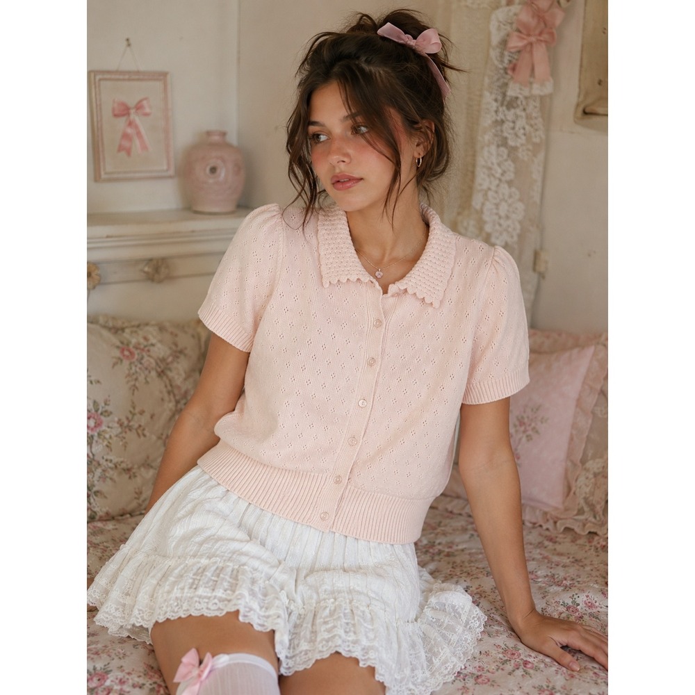 Coquette Twee Pointelle‎ Knit Cardigan XL Pink Nikka K Feminine Scalloped Collar